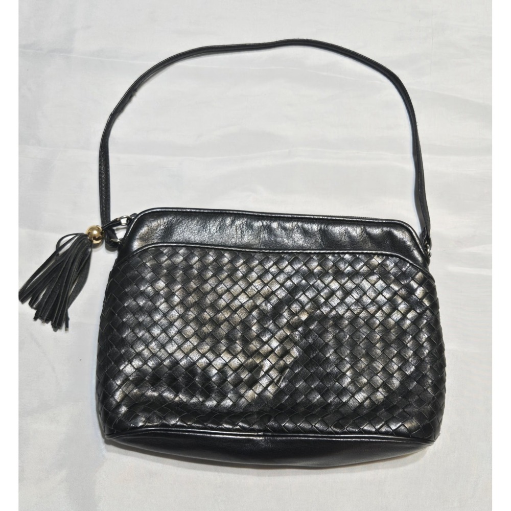 Vtg Ganson Basket Weave Leather Hobo Handbag M Black Lined Purse Shoulder Bag